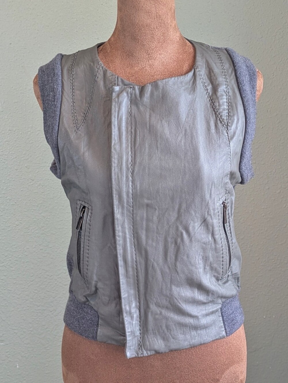 BCBGMAXAZRIA Grey Leather & Knit Mixed Media Vest​Details